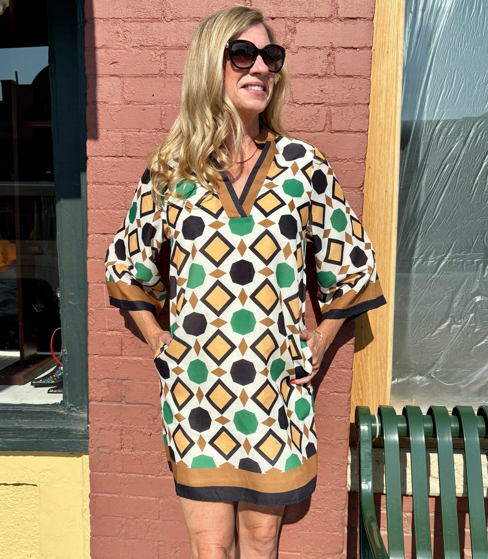Jade by Melody Tam Split Neck Bell Sleeve Caftan Dress at ooh la la! in Grapevine TX 76051