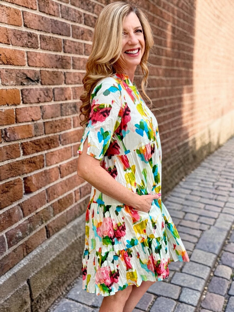 Organic cotton dress, floral shirt dress, tiered summer dress, Dress Addict, crinkle cotton dress, sustainable fashion, abstract floral print, summer dresses with pockets. at ooh la la! in Grapevine TX 76051