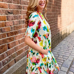 Organic cotton dress, floral shirt dress, tiered summer dress, Dress Addict, crinkle cotton dress, sustainable fashion, abstract floral print, summer dresses with pockets. at ooh la la! in Grapevine TX 76051