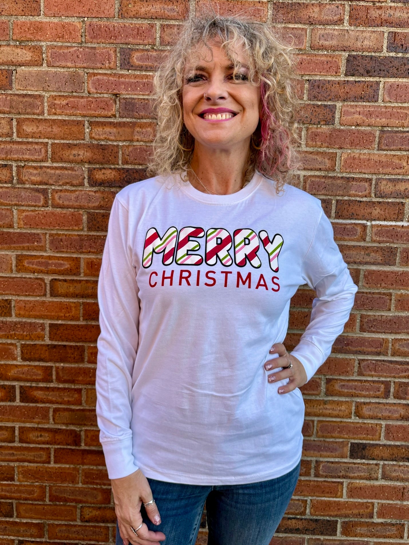 Peppermint Stick Merry Christmas Long Sleeve Tee at ooh la la! in Grapevine TX 76051