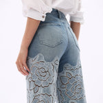 Crystal Embellished Velvet Floral Lace Wide Leg Jeans at ooh la la! in Grapevine TX 76051
