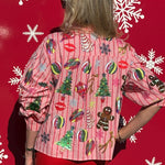 Queen of Sparkles Light Pink & Red Stripe Christmas Icons Cotton Button Up Top at ooh la la! in Grapevine TX 76051
