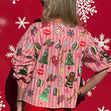 Queen of Sparkles Light Pink & Red Stripe Christmas Icons Cotton Button Up Top at ooh la la! in Grapevine TX 76051