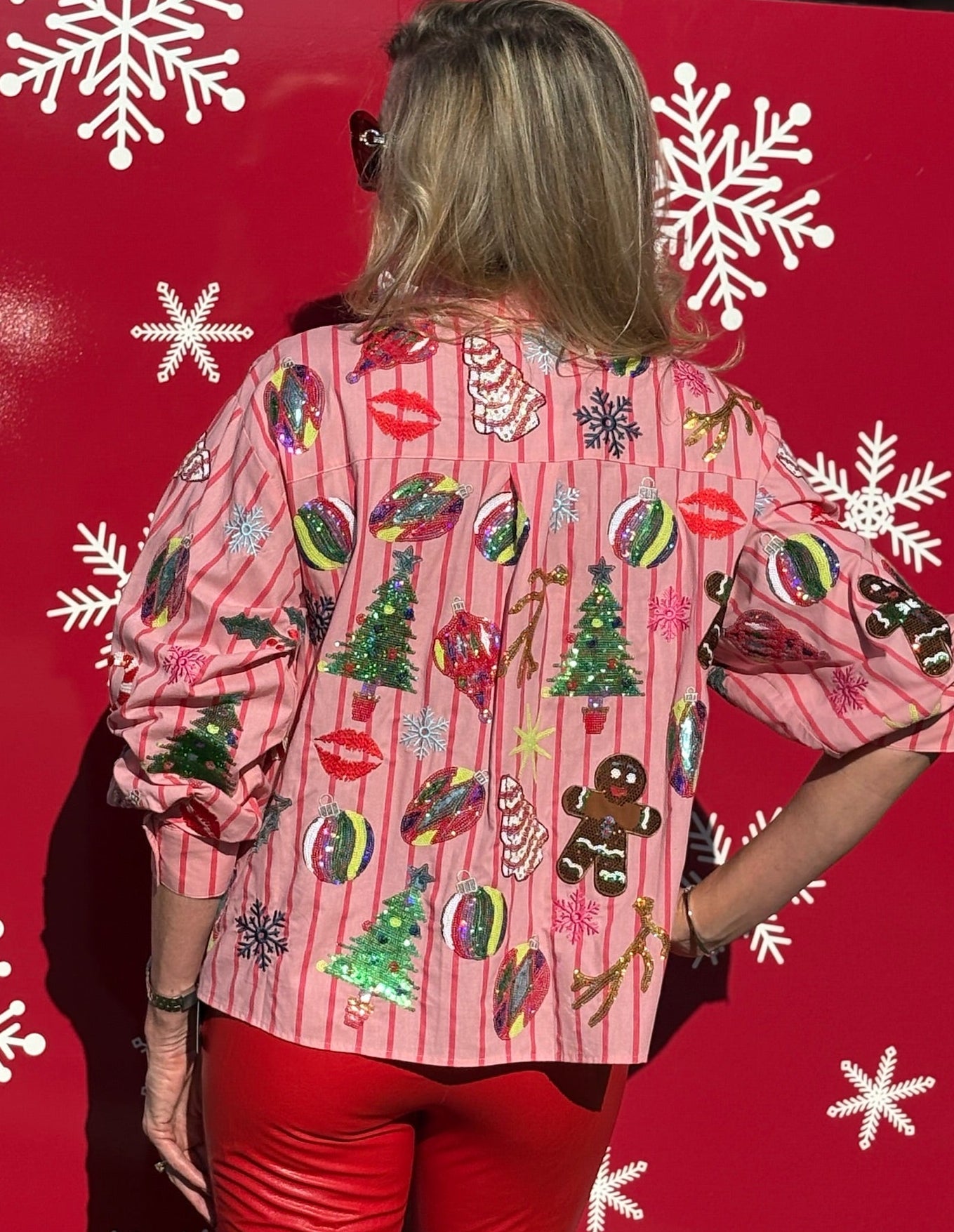 Queen of Sparkles Light Pink & Red Stripe Christmas Icons Cotton Button Up Top at ooh la la! in Grapevine TX 76051
