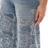Crystal Embellished Velvet Floral Lace Wide Leg Jeans at ooh la la! in Grapevine TX 76051