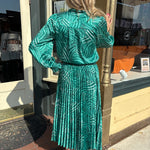 Jade Patterned Pleated Midi Skirt and Tie Blouse at ooh la la! in Grapevine TX 76051