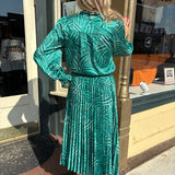 Jade Patterned Pleated Midi Skirt and Tie Blouse at ooh la la! in Grapevine TX 76051