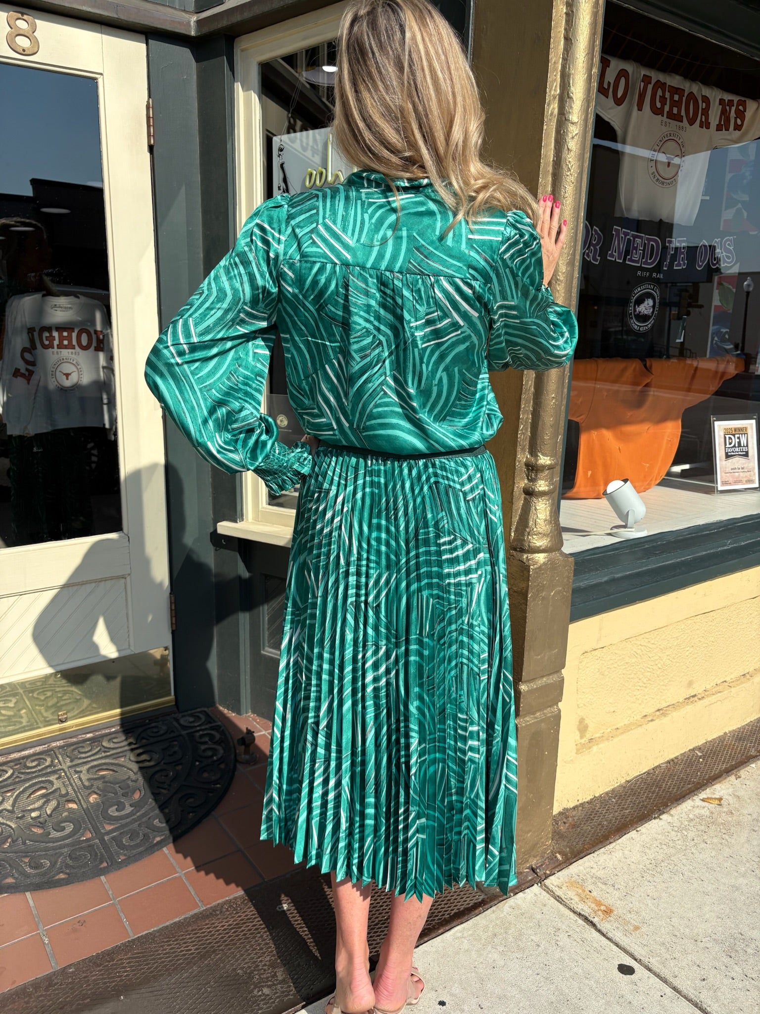 Jade Patterned Pleated Midi Skirt and Tie Blouse at ooh la la! in Grapevine TX 76051
