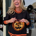 Queen of Sparkles Black Halloween Pumpkin Candy Bucket Sweatshirt at ooh la la! in Grapevine TX 76051