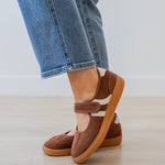 Corky's Calm Down Maryjane Sneaker in chestnut brown suede with cream stripe and velcro strap at ooh la la! in Grapevine TX 76051