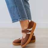 Corky's Calm Down Maryjane Sneaker in chestnut brown suede with cream stripe and velcro strap at ooh la la! in Grapevine TX 76051