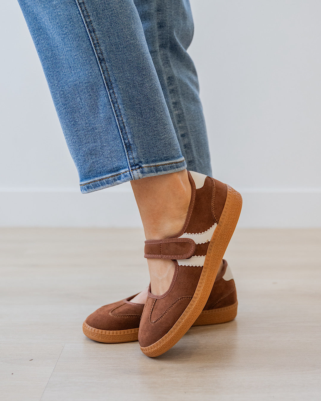 Corky's Calm Down Maryjane Sneaker in chestnut brown suede with cream stripe and velcro strap at ooh la la! in Grapevine TX 76051