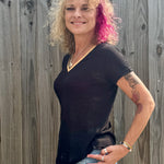 Molly Bracken Gold Beaded Trim V-Neck Top in Black at ooh la la! in Grapevine TX 76051