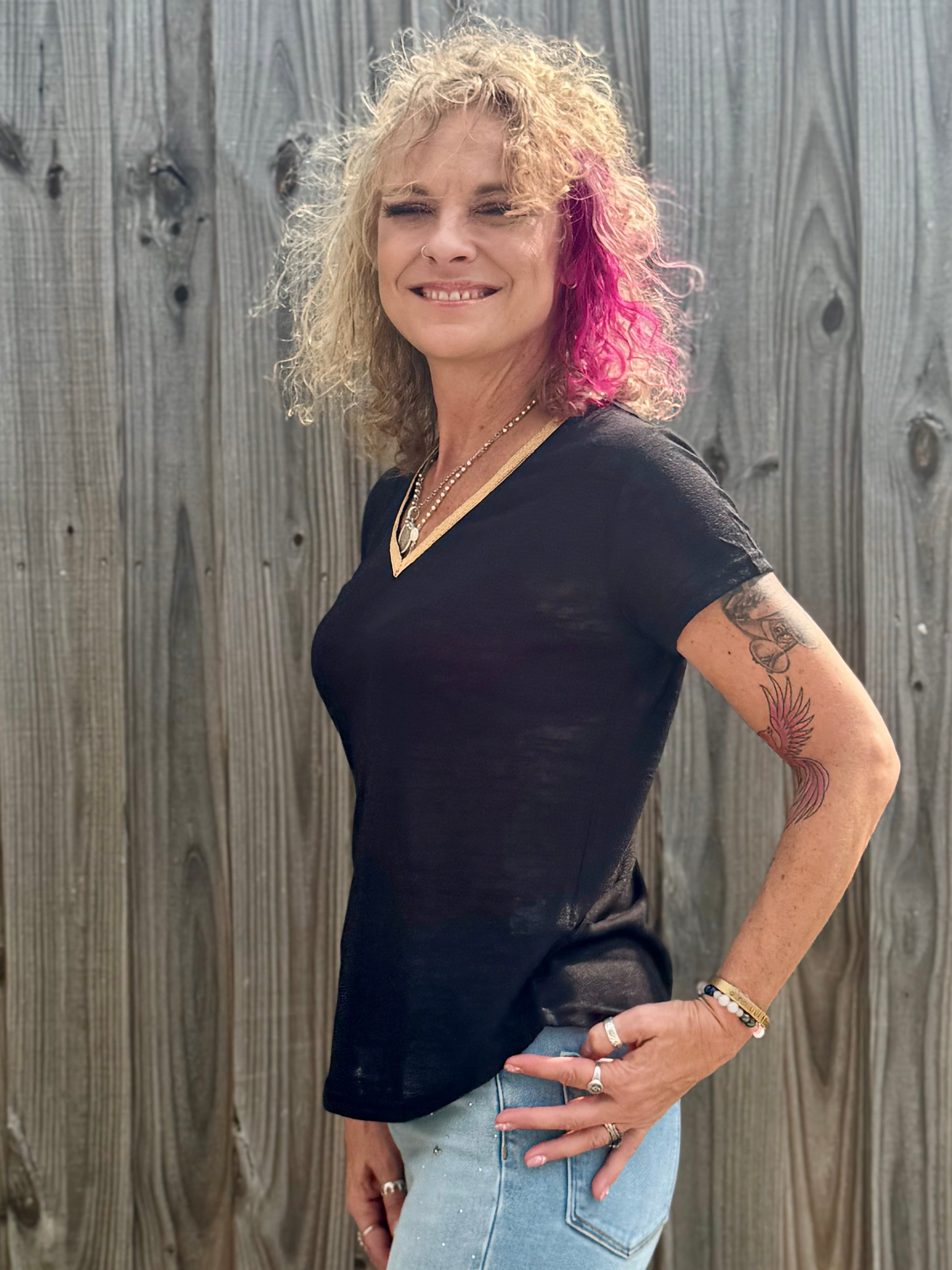 Molly Bracken Gold Beaded Trim V-Neck Top in Black at ooh la la! in Grapevine TX 76051