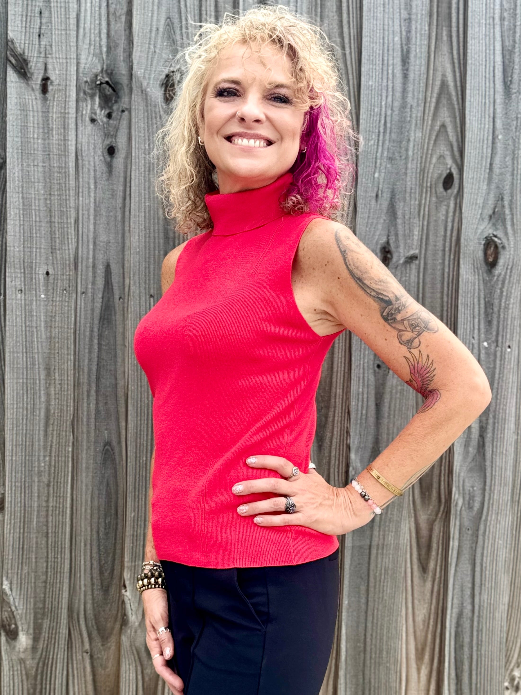 Molly Bracken Turtleneck Sleeveless Sweater in red at ooh la la! in Grapevine TX 76051