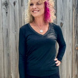 Molly Bracken Long Sleeve  V Neck Knit Top in black at ooh la la! in Grapevine TX 76051