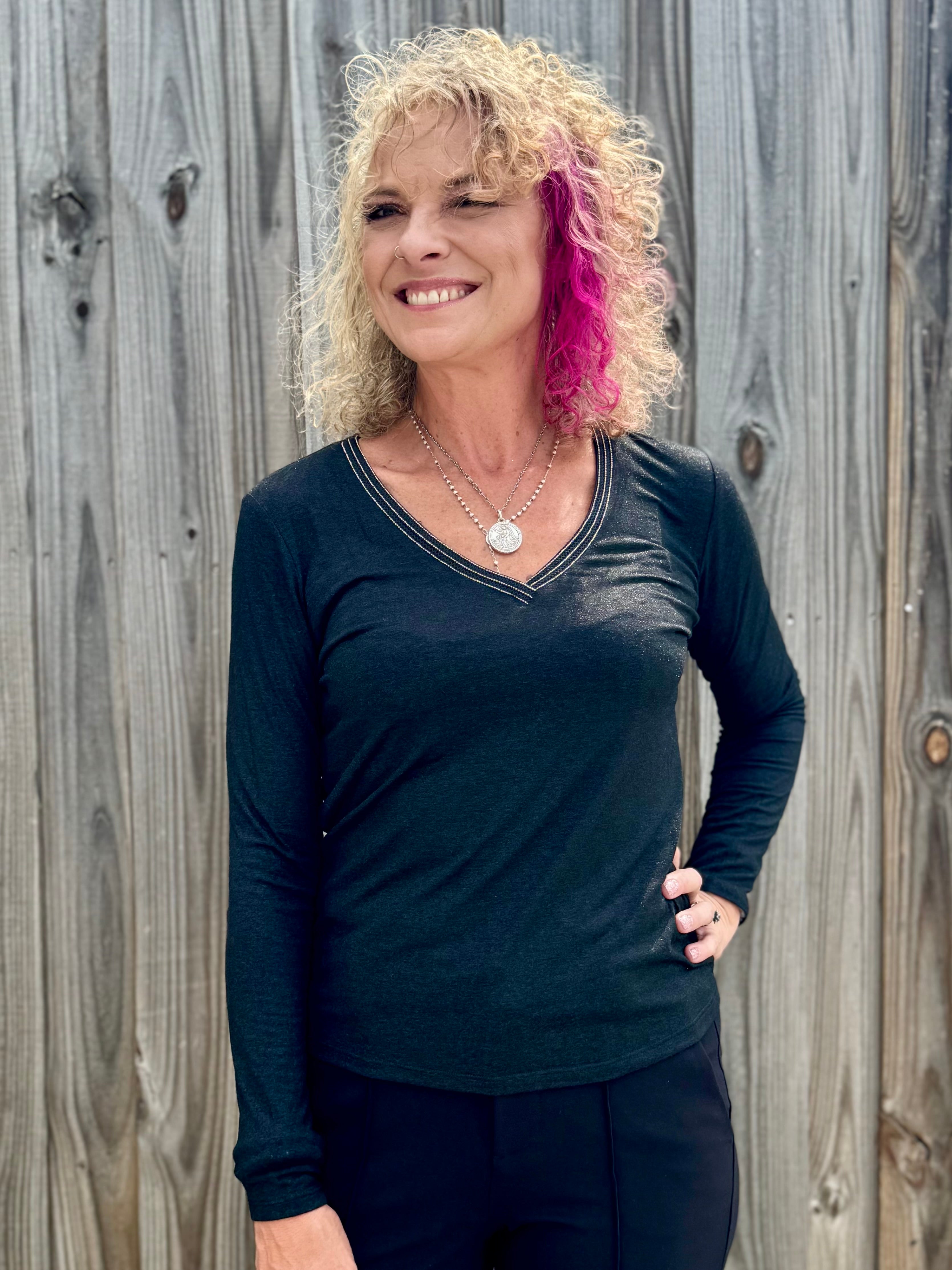 Molly Bracken Long Sleeve  V Neck Knit Top in black at ooh la la! in Grapevine TX 76051