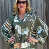 Made in Italy Satin Long Sleeve Horse Print Blouse in Olive at ooh la la! in Grapevine TX 76051