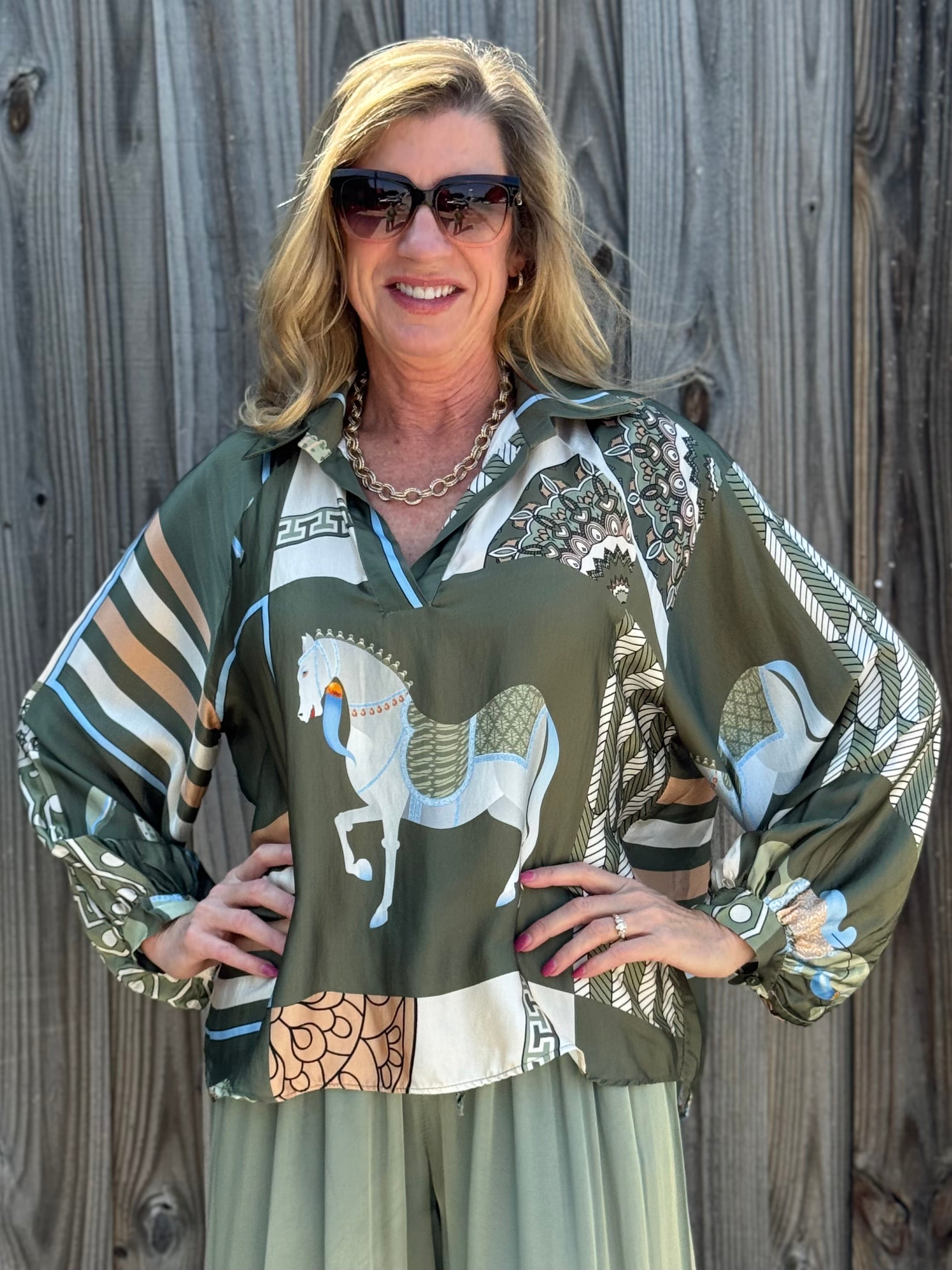 Made in Italy Satin Long Sleeve Horse Print Blouse in Olive at ooh la la! in Grapevine TX 76051