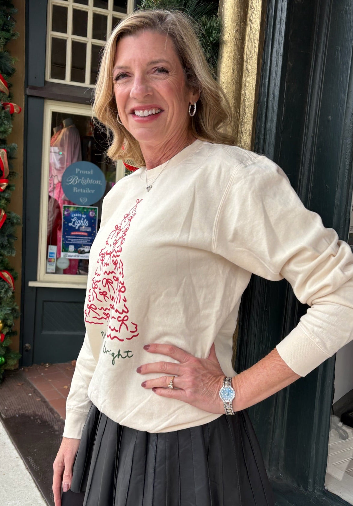 Merry & Bright Bow Sweatshirt in ivory at ooh la la! in Grapevine TX 76051