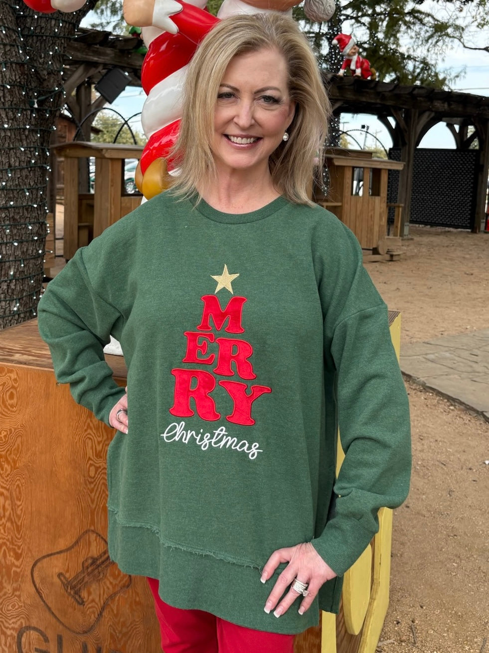 Merry Tree Appliquéd Sweatshirt In green at ooh la la! In grapevine TX 76051