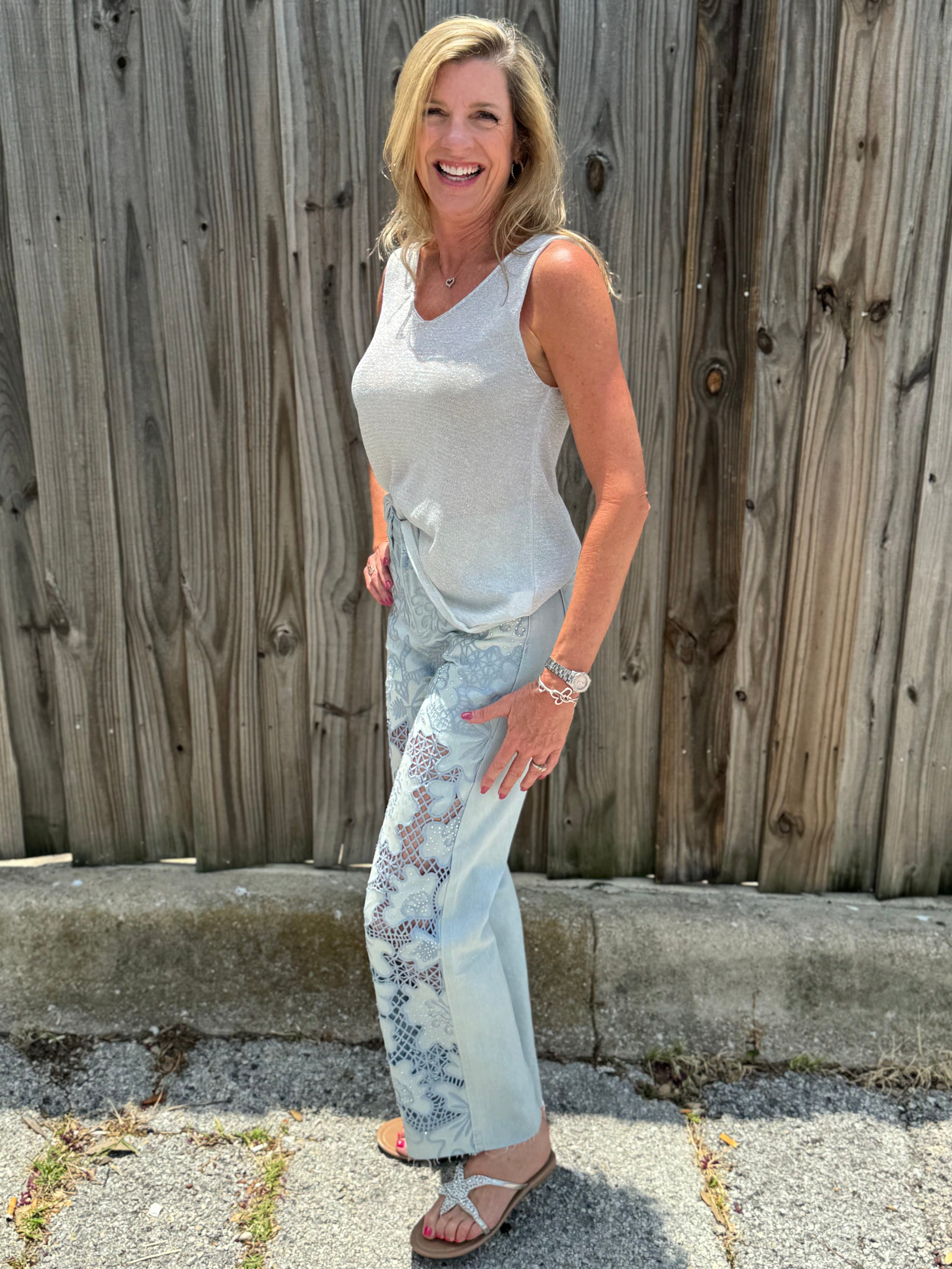 High Rise Lace Front Straight Leg Jeans in light blue at ooh la la! in Grapevine TX 76051