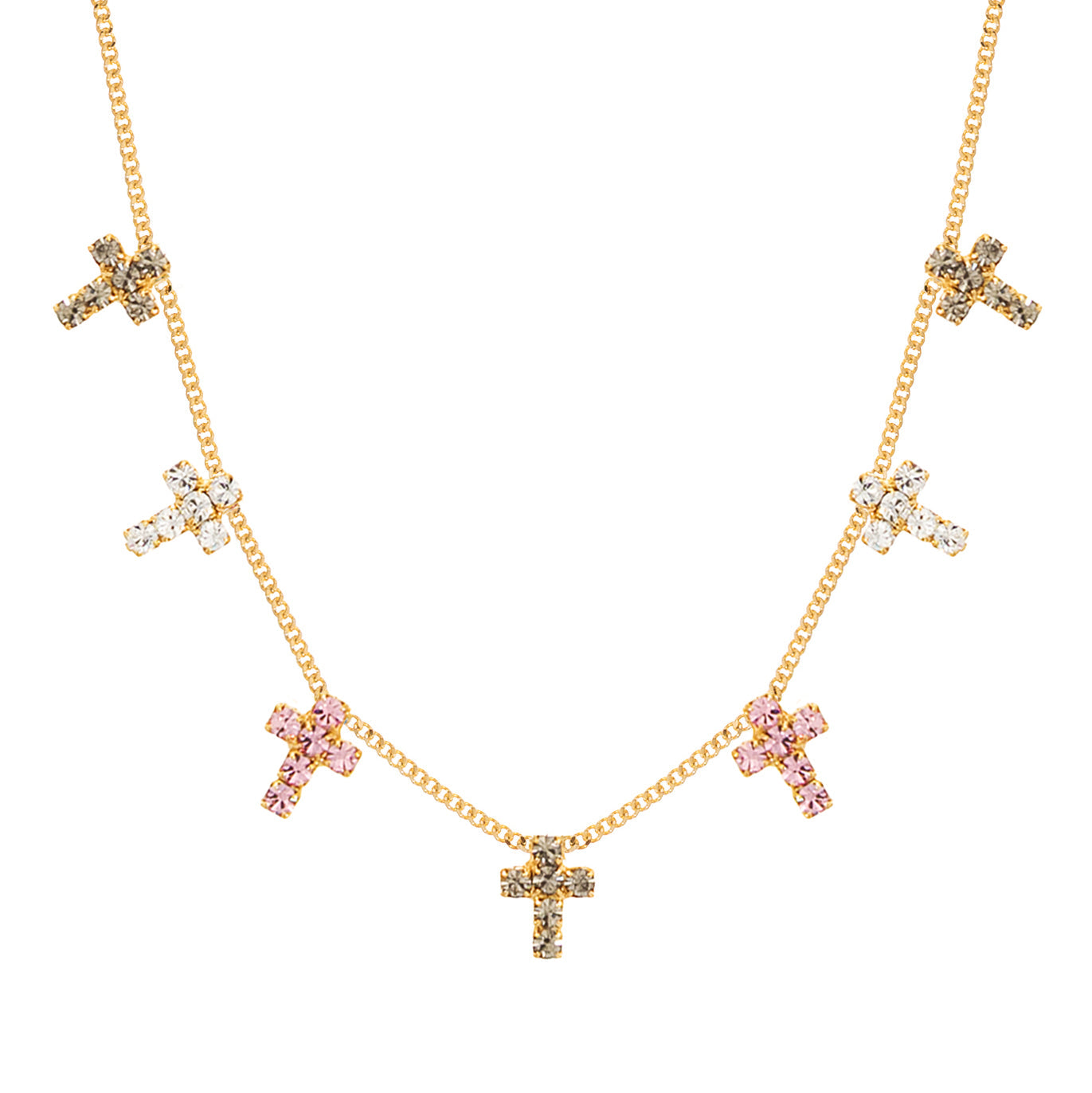 TOVA Multi Cross Necklace in Candy Glam Blush with gold chain and multicolor crystal cross charms at ooh la la! in Grapevine TX 76051