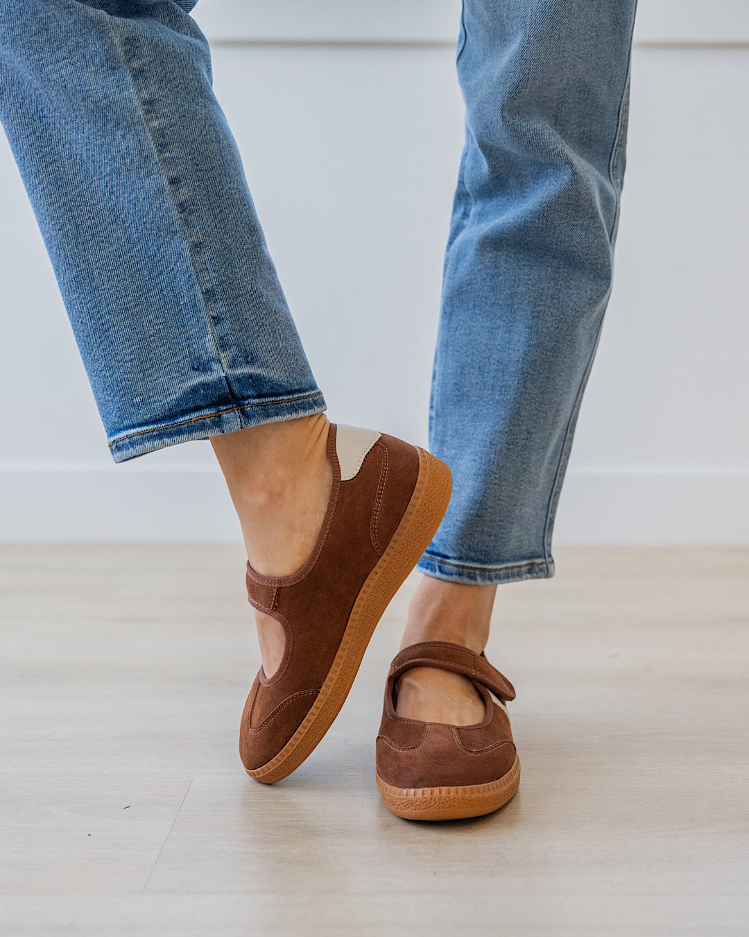 Corky's Calm Down Maryjane Sneaker in chestnut brown suede with cream stripe and velcro strap at ooh la la! in Grapevine TX 76051