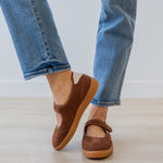 Corky's Calm Down Maryjane Sneaker in chestnut brown suede with cream stripe and velcro strap at ooh la la! in Grapevine TX 76051