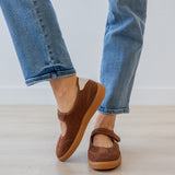 Corky's Calm Down Maryjane Sneaker in chestnut brown suede with cream stripe and velcro strap at ooh la la! in Grapevine TX 76051