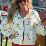 Queen of Sparkles White Multi Cosmo & Martini Button Up Cardigan With Rainbow Trim at ooh la la! in Grapevine TX 76051