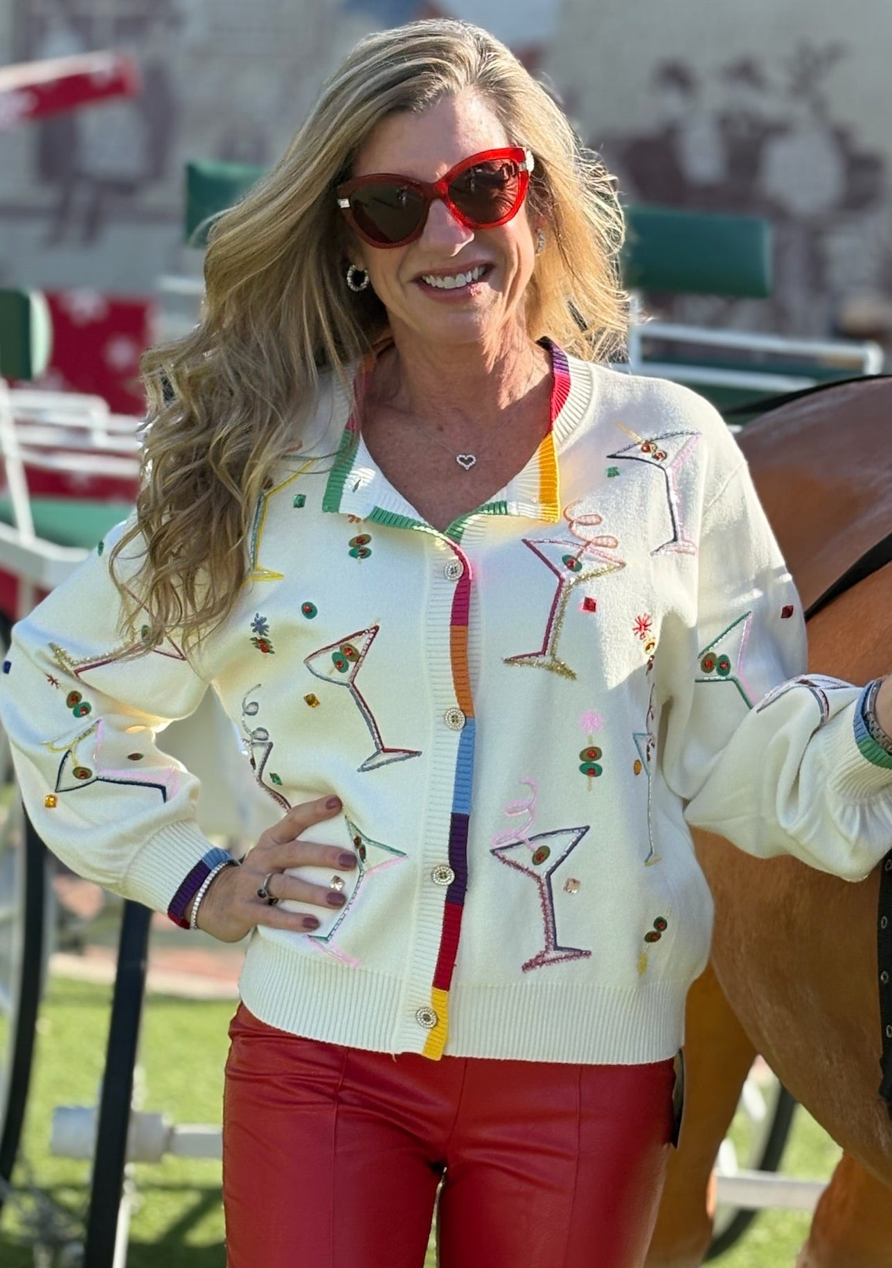 Queen of Sparkles White Multi Cosmo & Martini Button Up Cardigan With Rainbow Trim at ooh la la! in Grapevine TX 76051