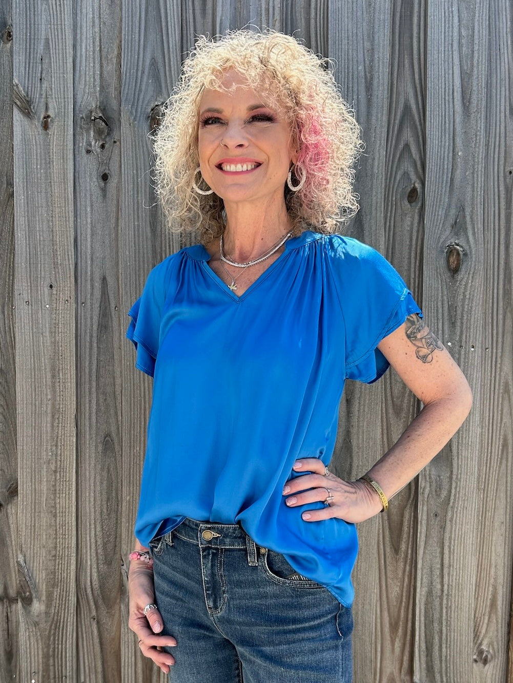 Sofia Caroline Satin Blouse in cerulean blue at ooh la la! in Grapevine TX 76051