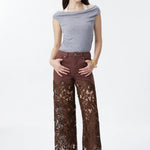 High Rise Embroidered Lace Wide Leg Jeans with Rhinestones in Chocolate Brown at ooh la la! in Grapevine TX 76051