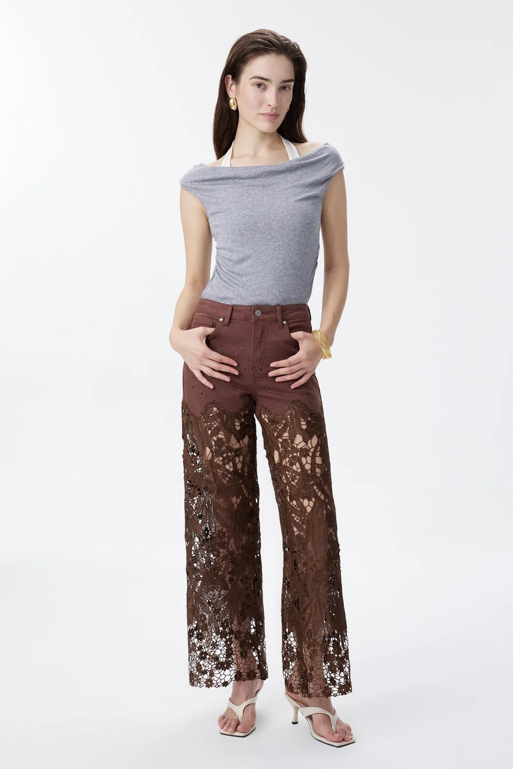 High Rise Embroidered Lace Wide Leg Jeans with Rhinestones in Chocolate Brown at ooh la la! in Grapevine TX 76051