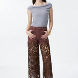 High Rise Embroidered Lace Wide Leg Jeans with Rhinestones in Chocolate Brown at ooh la la! in Grapevine TX 76051