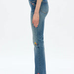 embroidered jeans, daisy denim, mid rise bootcut, floral flare jeans, boho style jeans, women's flower jeans, stretch denim, retro flare, Flora jeans at ooh la la! in Grapevine TX 76051
