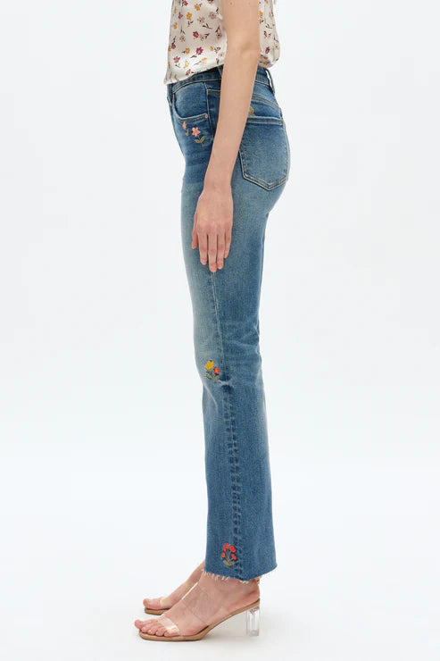 embroidered jeans, daisy denim, mid rise bootcut, floral flare jeans, boho style jeans, women's flower jeans, stretch denim, retro flare, Flora jeans at ooh la la! in Grapevine TX 76051