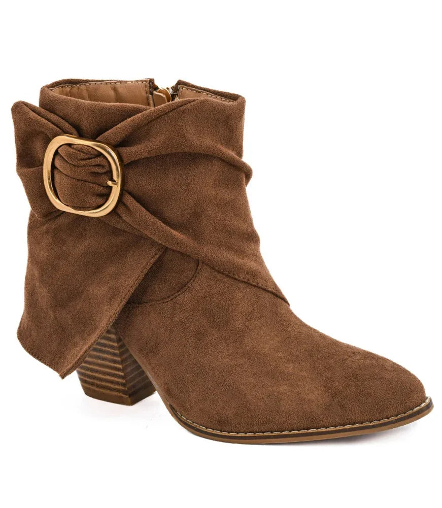 Corky's Wine O'Clock chestnut brown suede ankle boot with gold buckle wrap detail at ooh la la! in Grapevine TX 76051