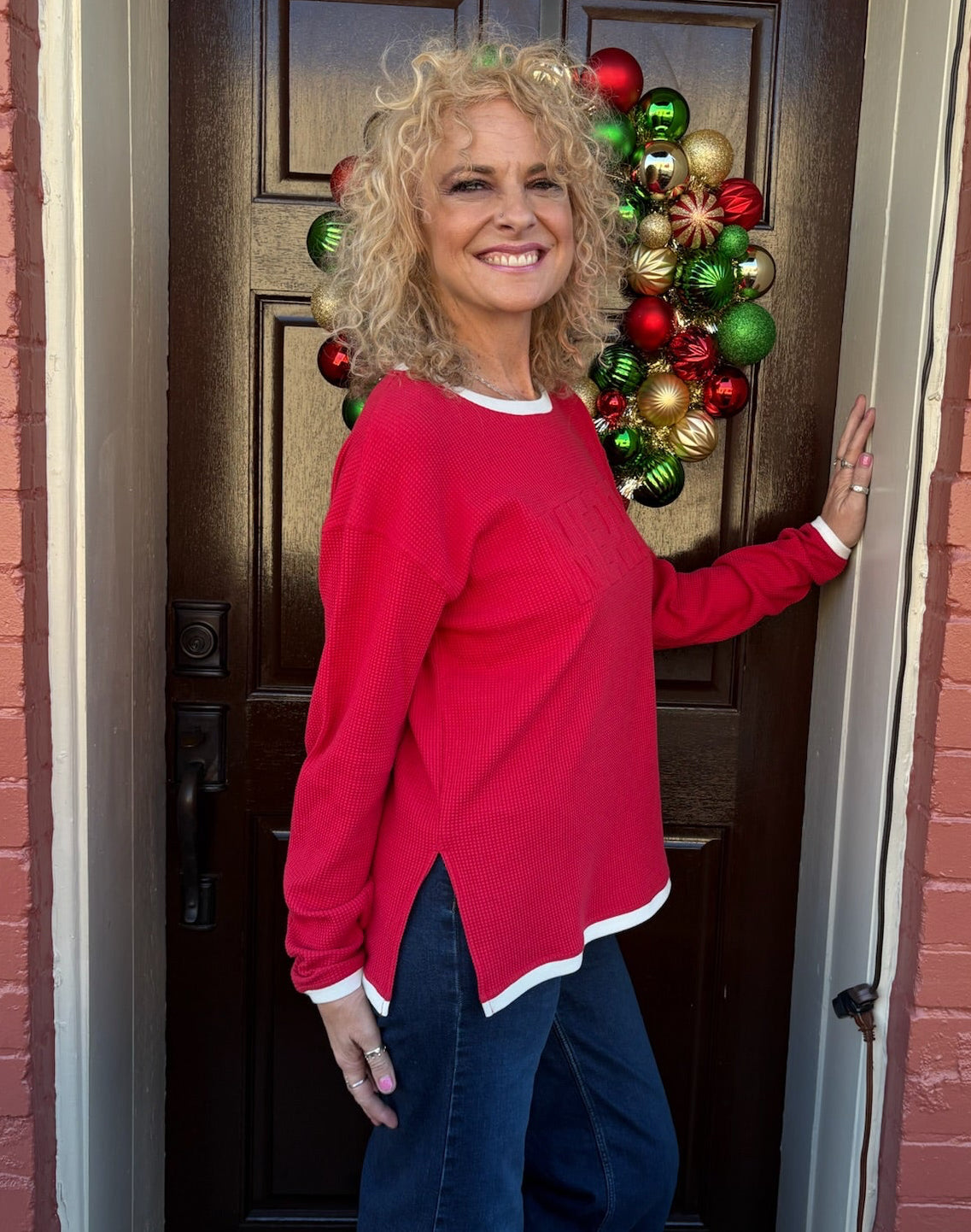 Merry Embossed Waffle Sweatshirt in red at ooh la la! in Grapevine TX 76051