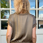 Satin Short Sleeve Top with Rib Knit Trim in taupe at ooh la la! in Grapevine TX 76051