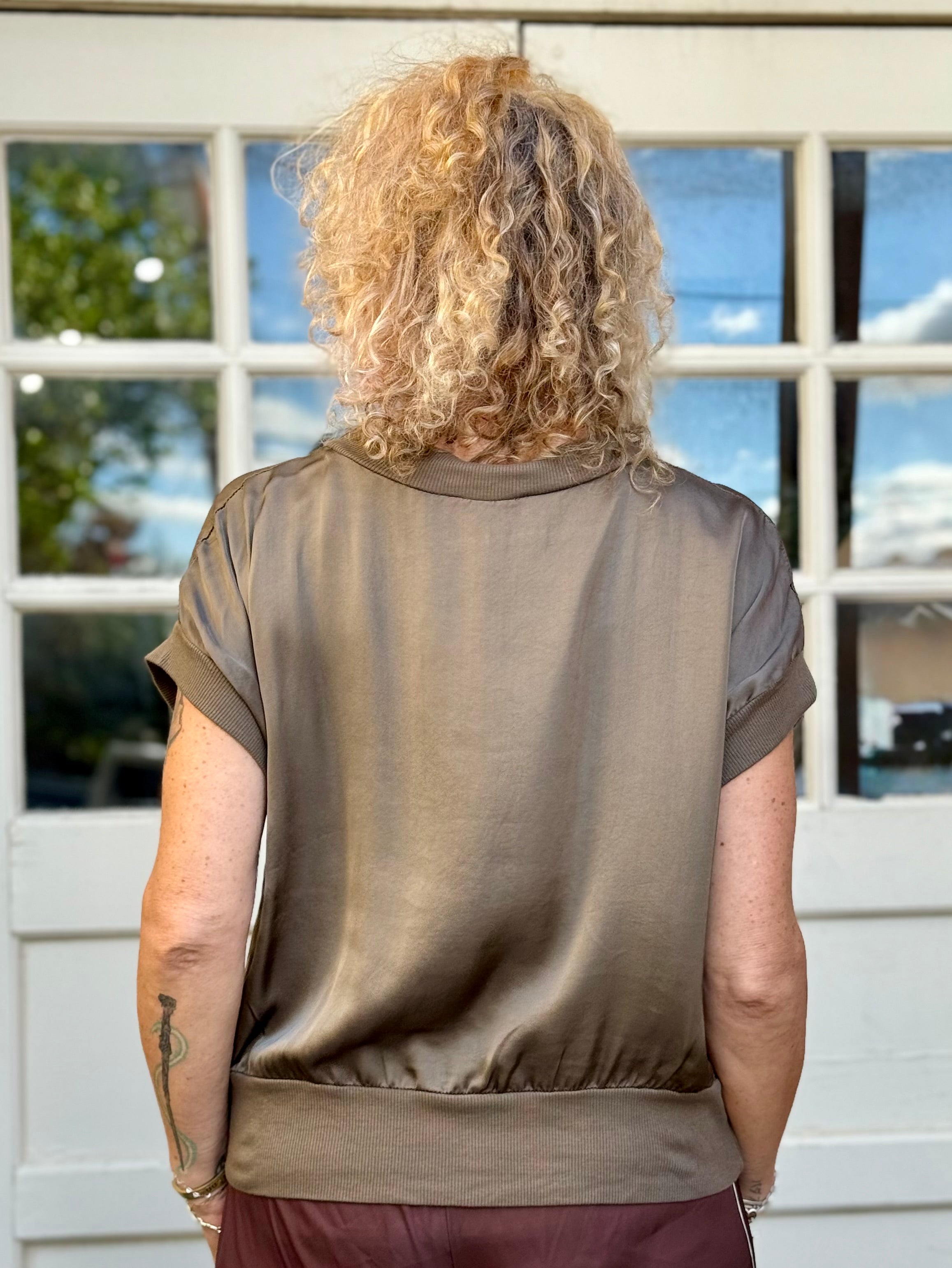 Satin Short Sleeve Top with Rib Knit Trim in taupe at ooh la la! in Grapevine TX 76051