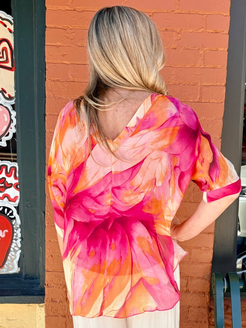 Marble Watercolor Print Silk VNeck Blouse w/Raw Edge in Fuchsia at ooh la la! in Grapevine TX 76051
