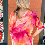 Marble Watercolor Print Silk VNeck Blouse w/Raw Edge in Fuchsia at ooh la la! in Grapevine TX 76051