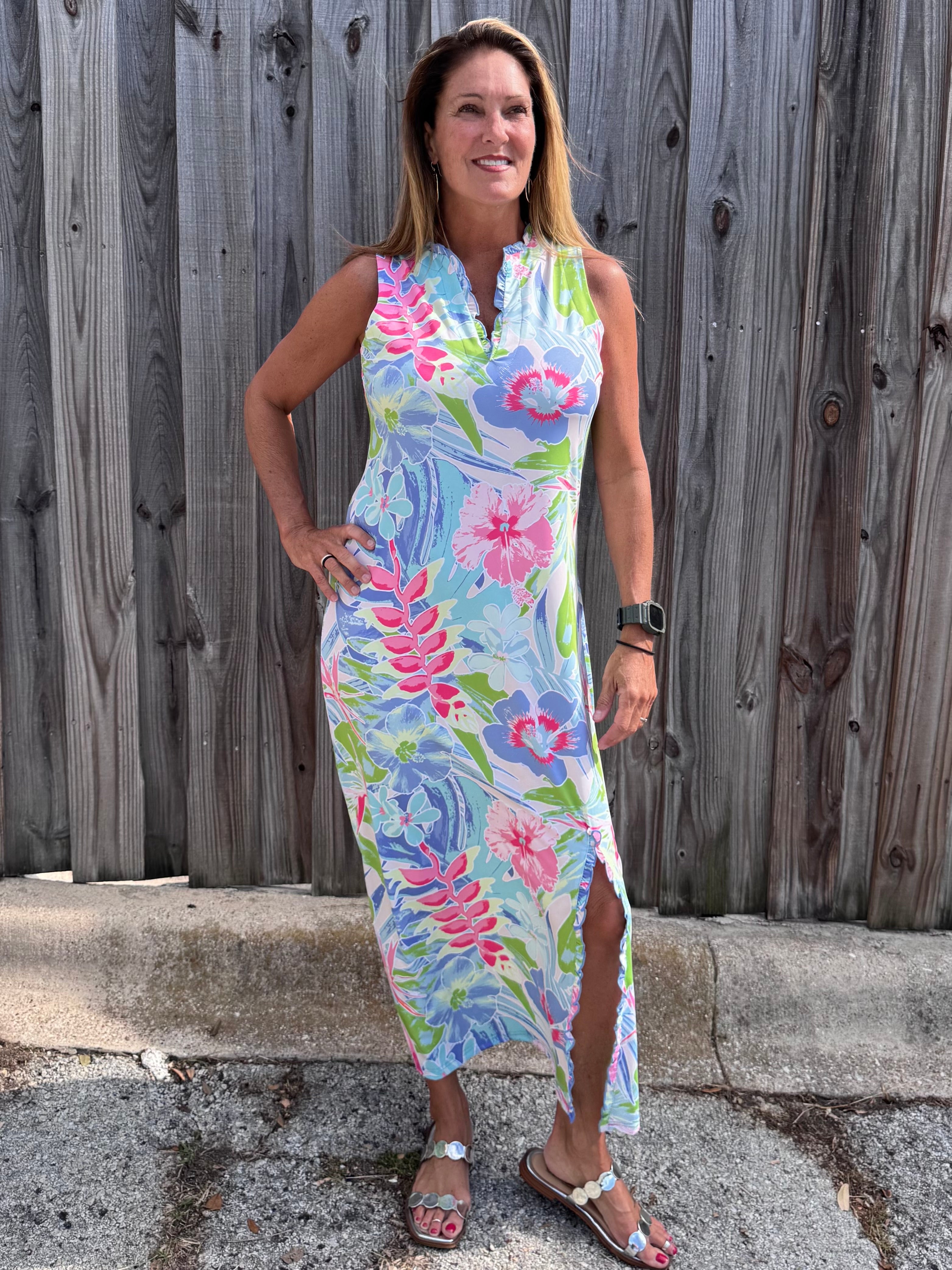 Ana Clare, UPF 50 maxi dress, tropical floral maxi, sun protective clothing, sheath maxi dress, summer vacation outfit, resort wear for women, SPF 50+ sun dress. at ooh la la! in Grapevine TX 76051