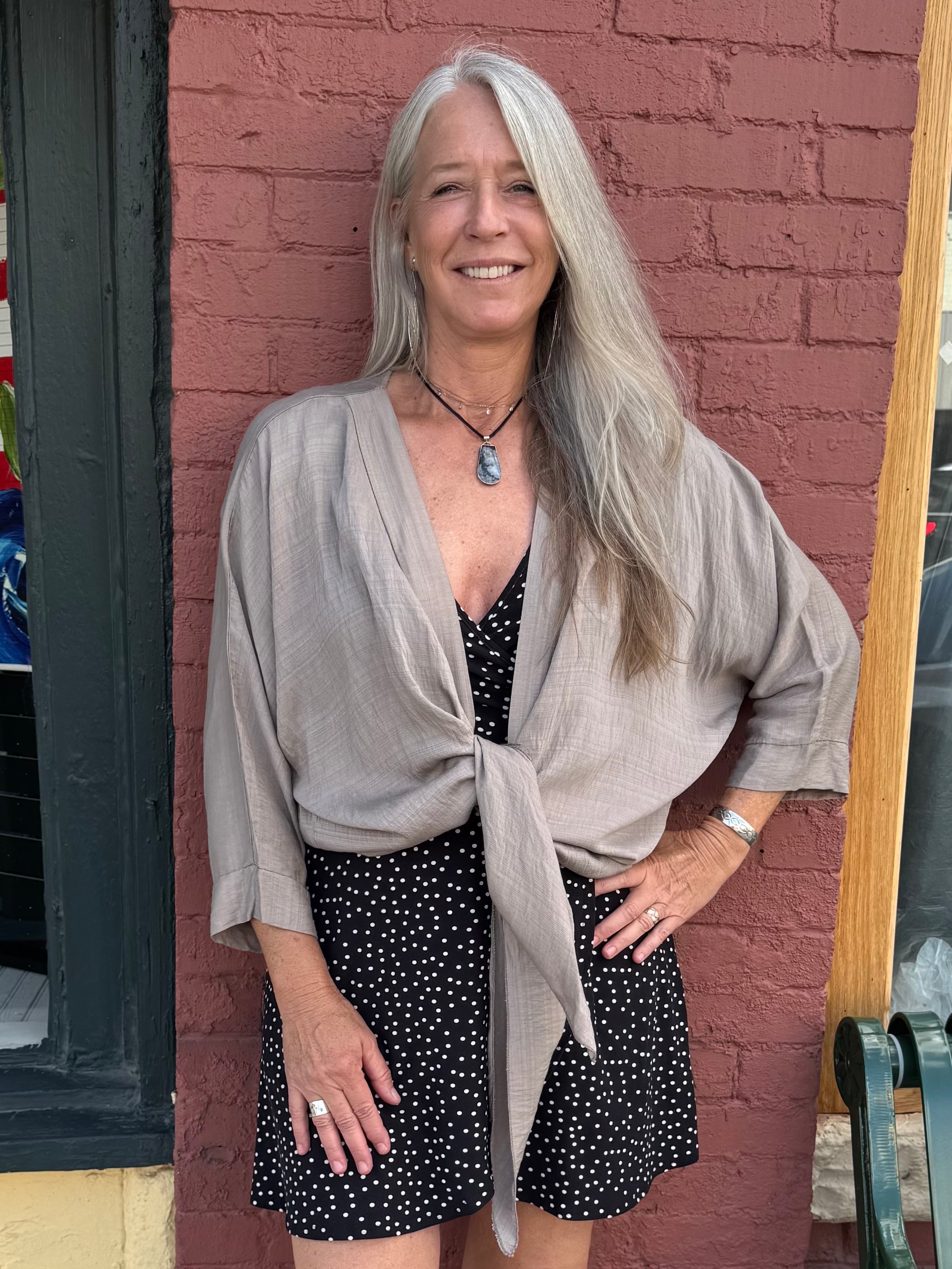 Made in Italy Tie Front Batwing Cardigan in taupe at ooh la la! in Grapevine TX 76051