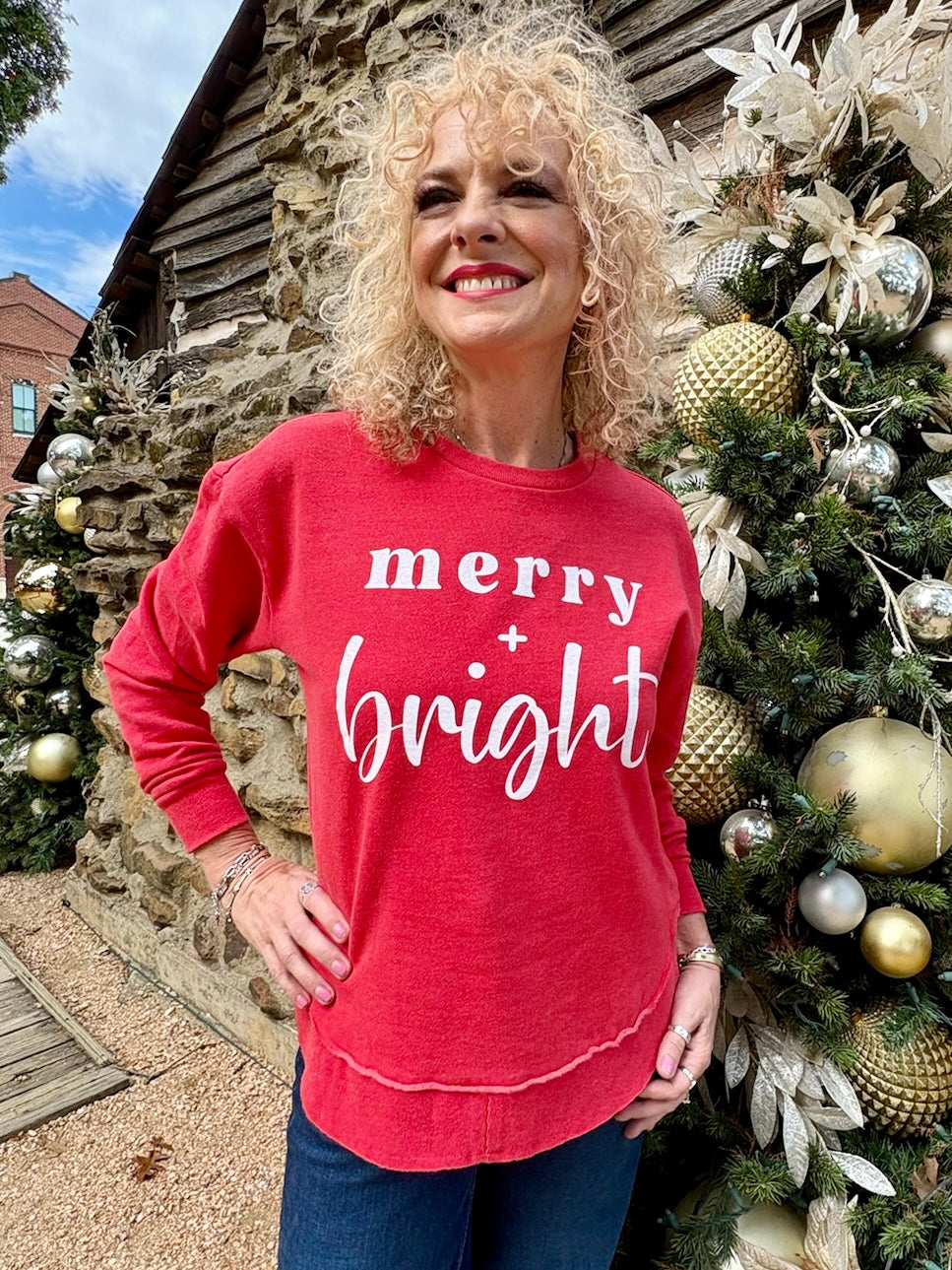 Merry + Bright Sweatshirt in red at ooh la la! in Grapevine TX 76051