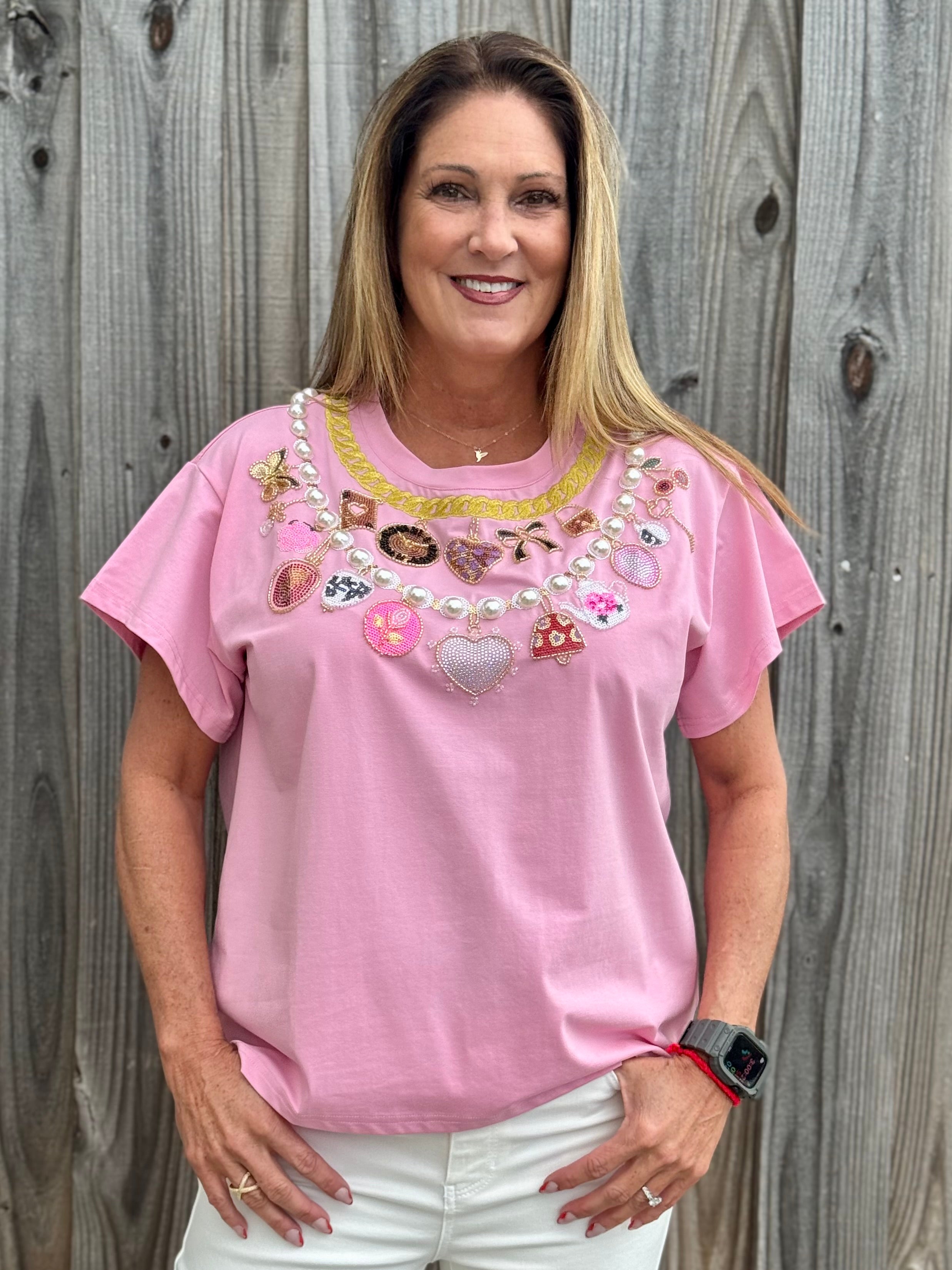 Queen of Sparkles Hot Pink Pearl & Chain Valentine's Day Charm Necklace Tee at ooh la la! in Grapevine TX 76051