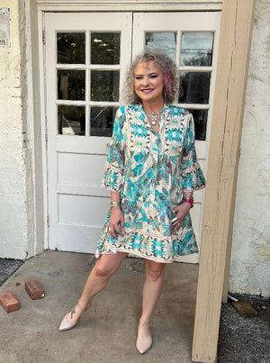 Made in Italy Paisley Flower Print Layered Dress - Turquoise - at ooh la la! in Grapevine TX 76051