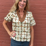 *FINAL SALE* Contrast Collar Puff Sleeve Print V Neck Top